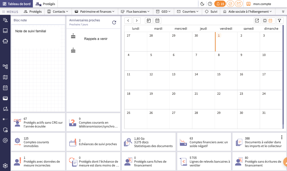 Tableau de bord Majélis Tutelle version familiale 2.23