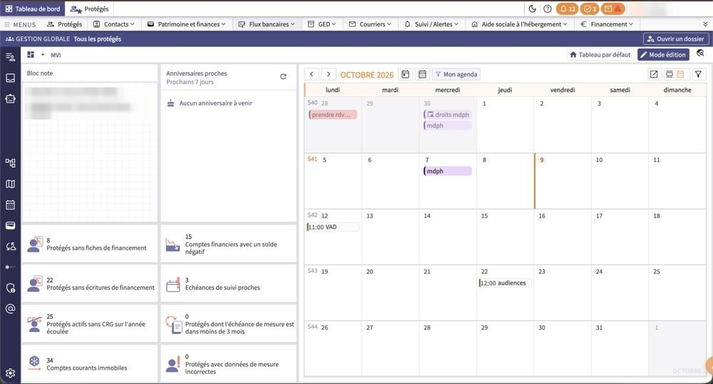 Tableau de bord Majélis Tutelle : alertes et agenda
